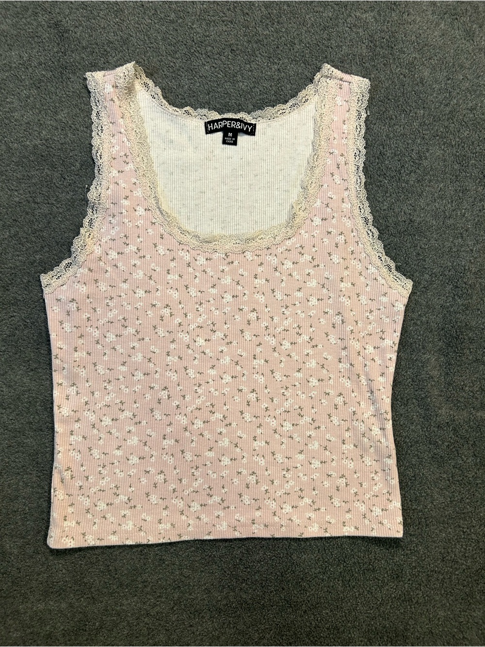 Harper Pink Floral Lace-Trim Ribbed Tank